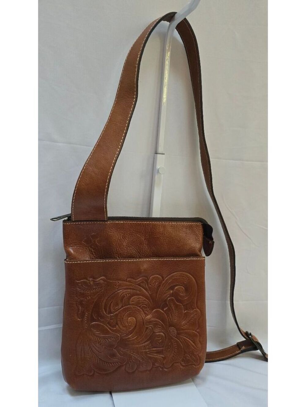 Patricia Nash Italian Leather Tooled Floral Brown Crossbody Shoulder Bag